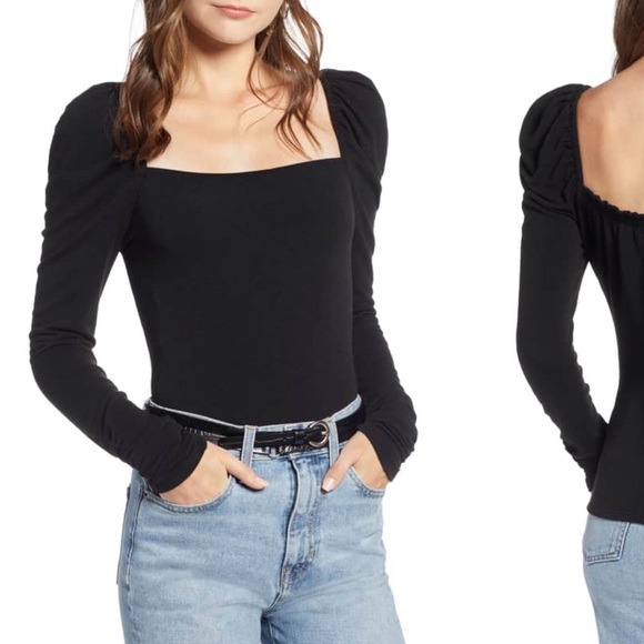 Something Navy Tops - Something Navy Square Neck Puff Sleeve Top in Black